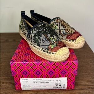 Tory Burch T Monogram Platform Cheetah Embroidered Espadrilles Size 7
